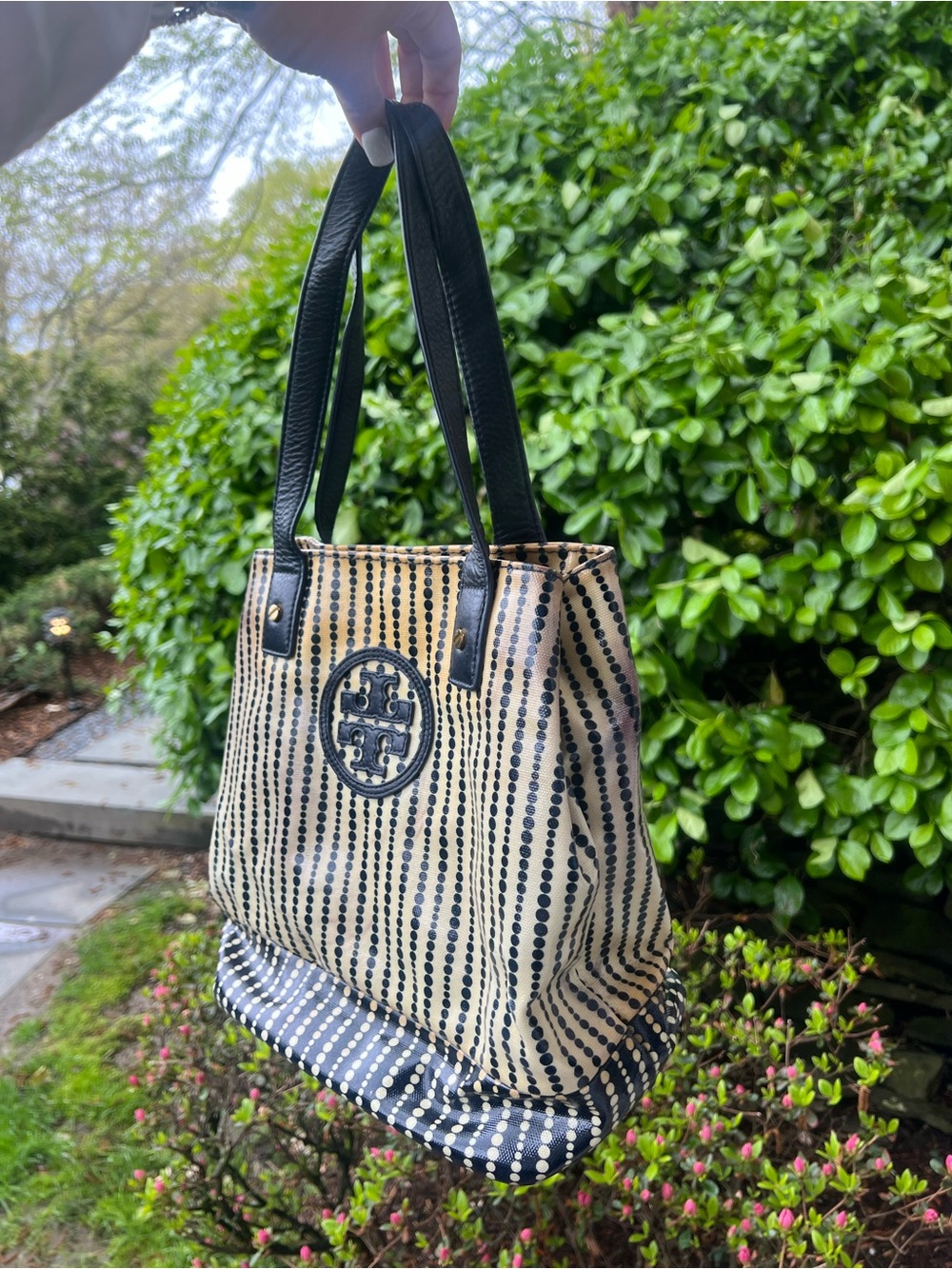 Tory Burch Black and Cream Dot-Pattern Tote